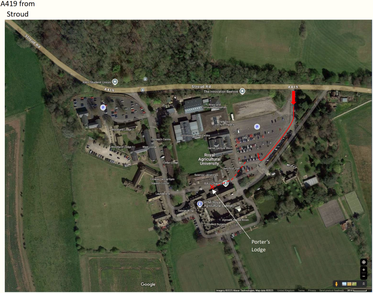 Aerial view of at the Royal Agricultural University (RAU) showing access by car